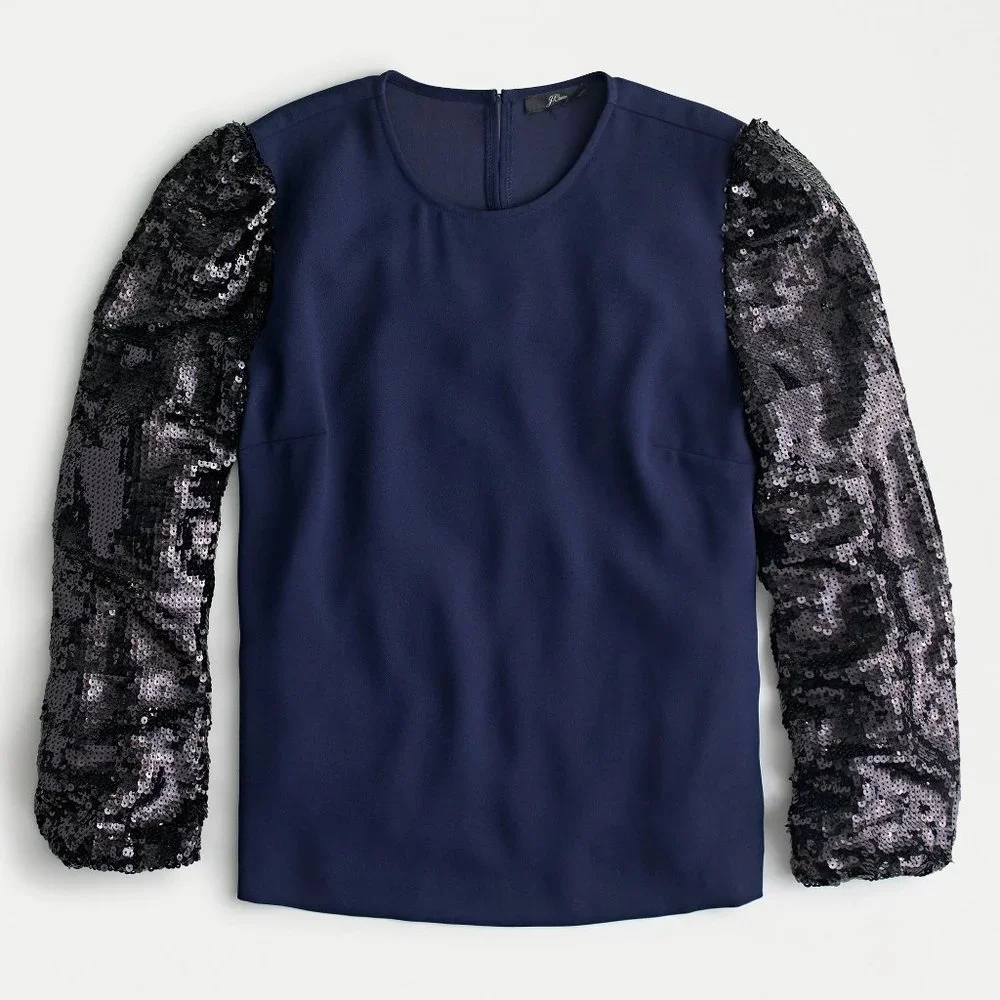 NWT Womens Size XS J. Crew Navy Blue Black Sequin Sleeve Crepe Blouse Top